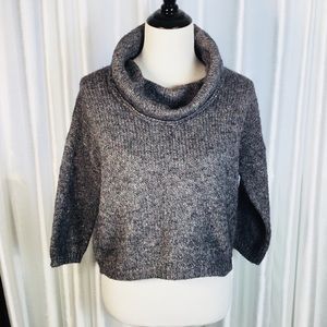 Cropped Cowl Neck Sweater 3/4 Sleeve Gray Brown